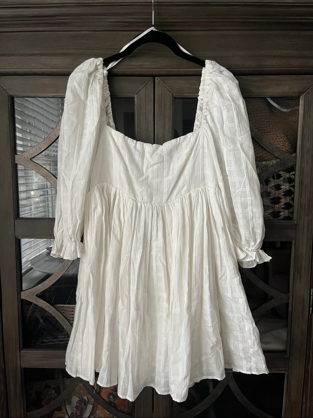 Ivory Puff Sleeve Square-Neck Mini Dress; 100% Cotton